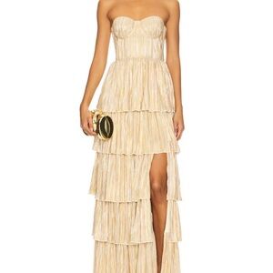 Elegant Strapless Tiered Gold Cream Dress